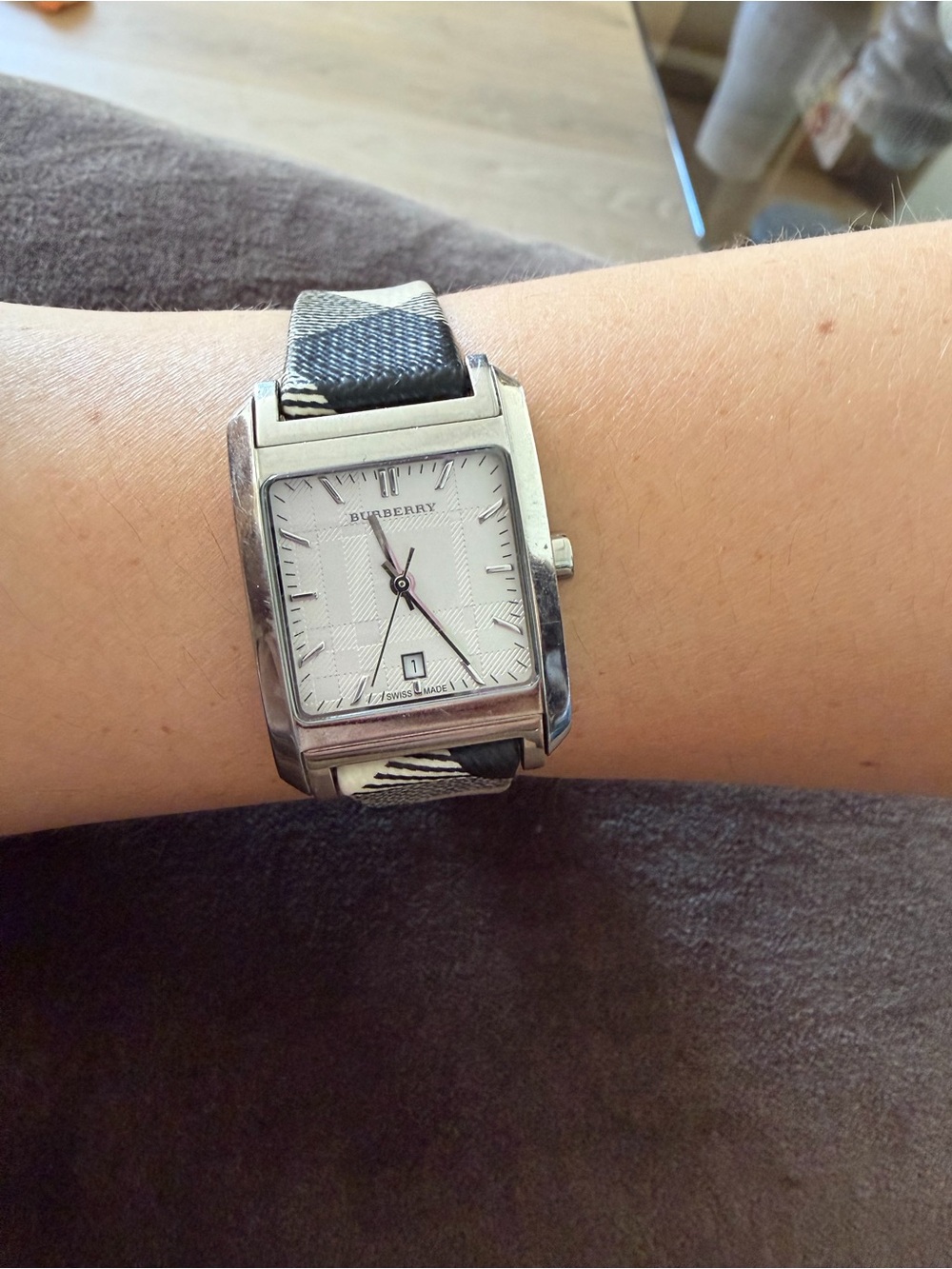 Burberry Silver and Black Check Men's Rectangular Watch